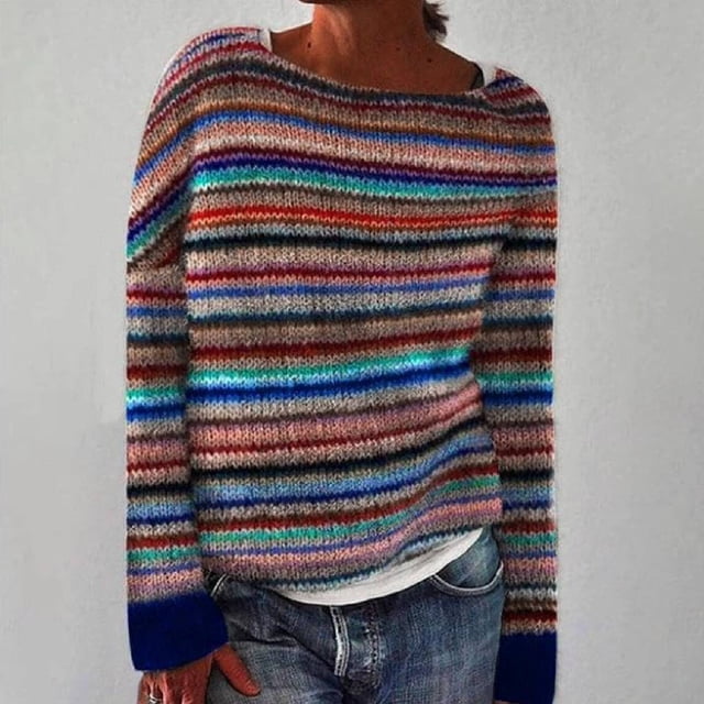 Chandail Rétro Tricoté pour Femmes à Imprimé Île, Décontracté, Ample, Col Rond, Manches Longues, Léger, Court