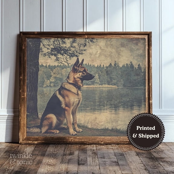 PosterArt German Shepherd Art Print Moody Nature Wall Décor Dog Lover Gift Vintage Lakehouse Cabin Poster, 8x12 UNFRAMED