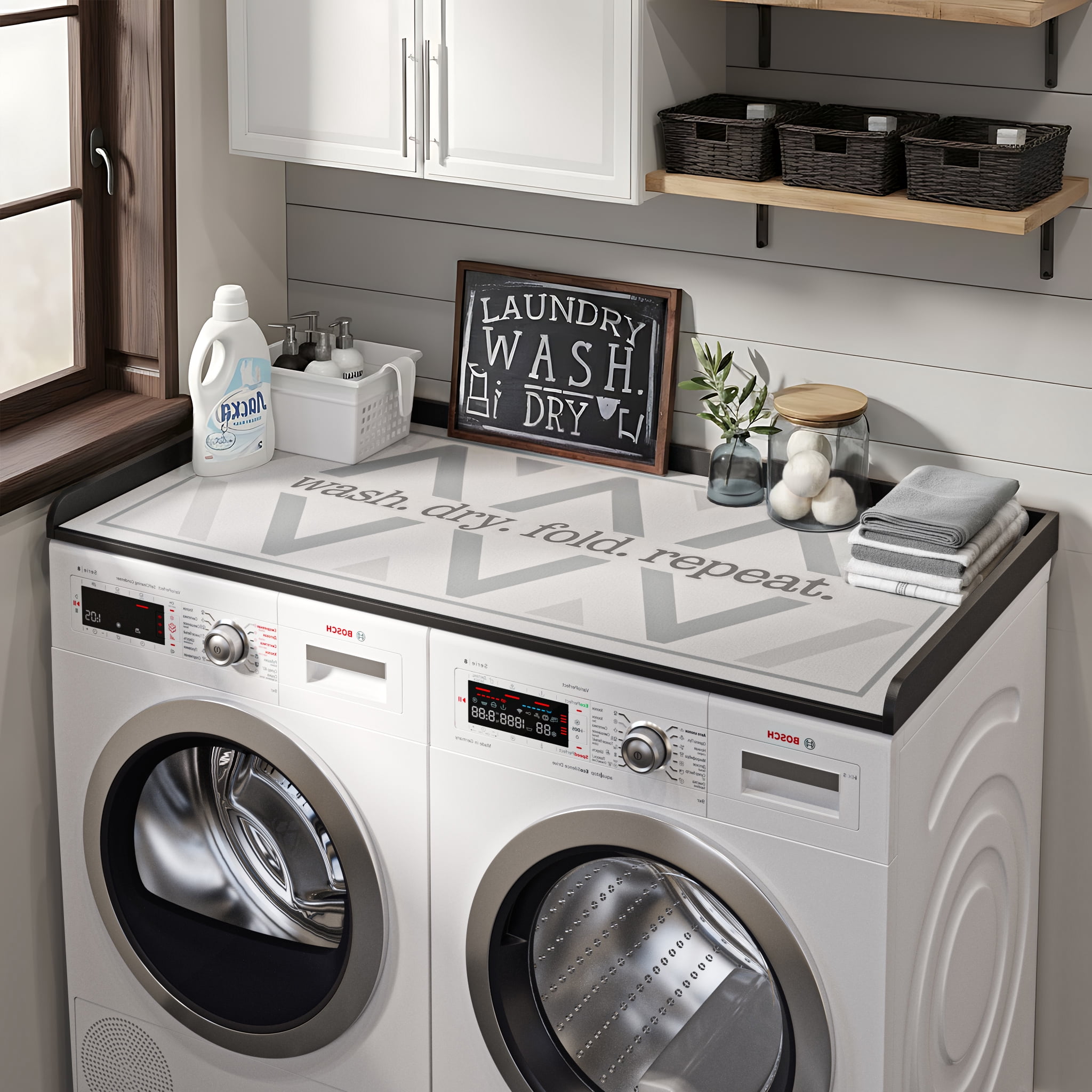 Wood Washer Dryer Countertop with Anti-Slip Pad, 27.6" D x 54" W Dryer Covers for The Top with Edge Rails, Washer Dryer Topper for Laundry Room, Black