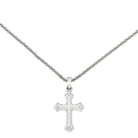 Primal Gold 14 Karat White Gold Textured and Polished Fleur De Lis Cross Pendant with 18-inch Cable Chain
