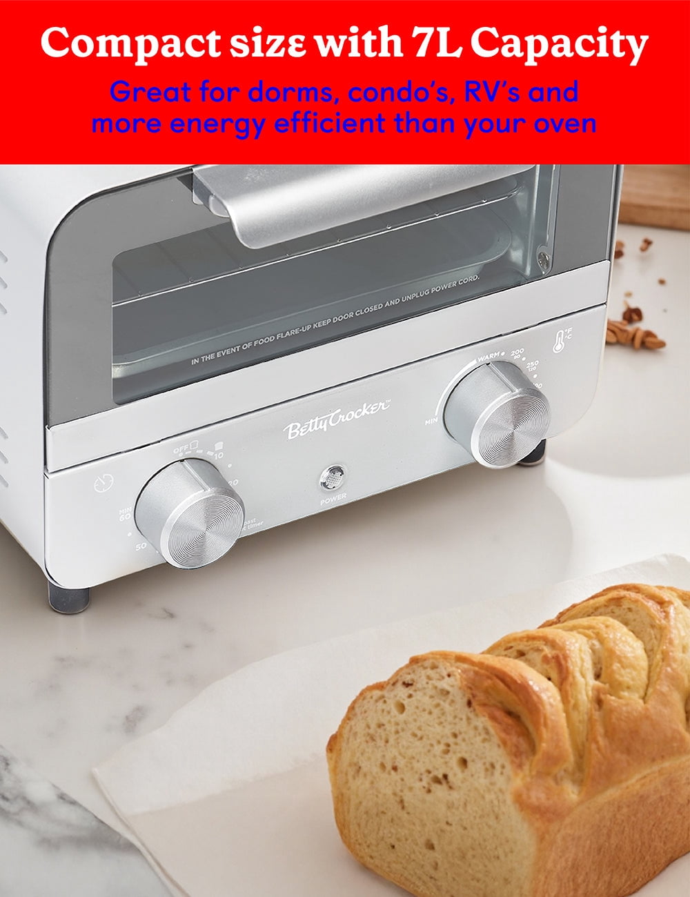 Betty Crocker Mini Toaster Oven, Compact Countertop Oven for Dorms, RVs, Apartments, 7-Liter Capacity, 750W, Adjustable Timer, Includes Baking Tray & Rack, BC-5629W, White/Gray