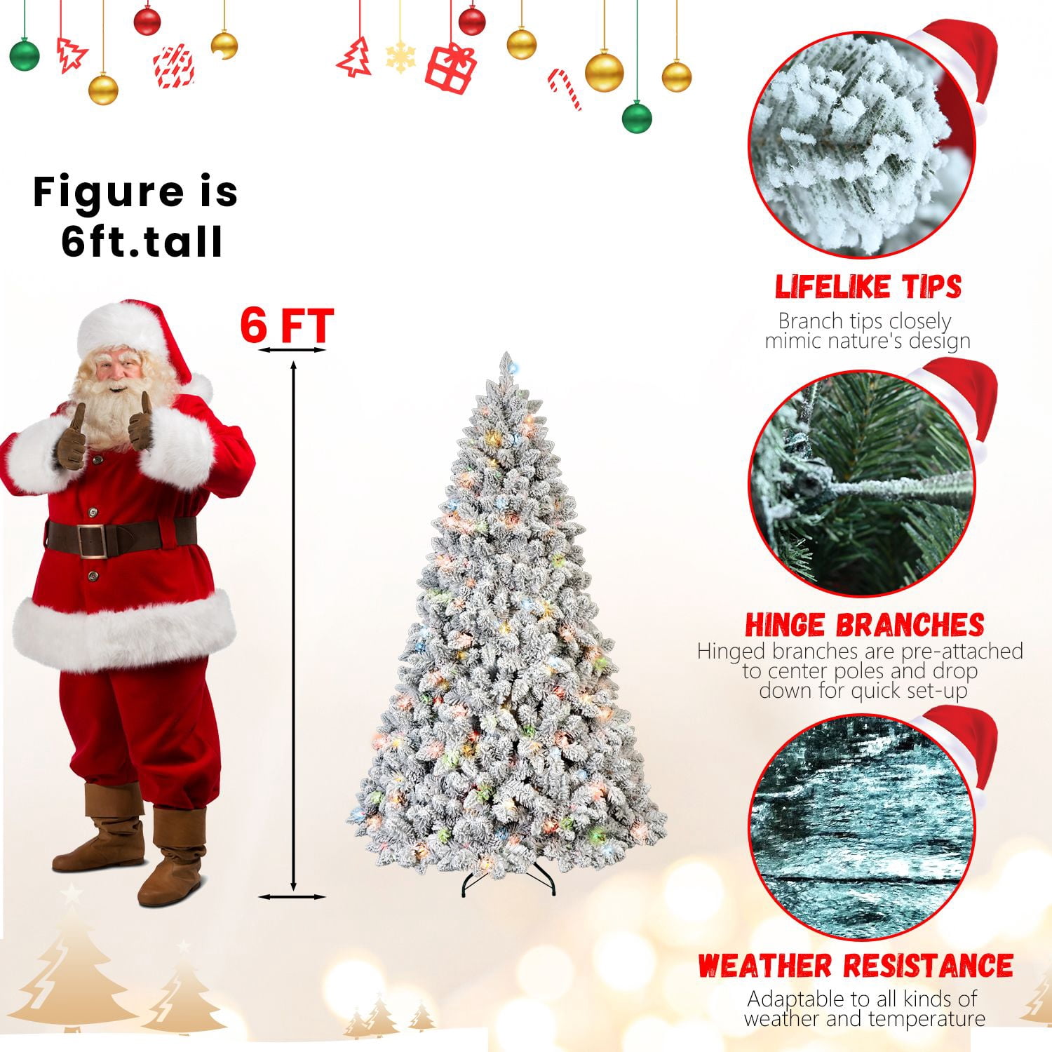 Alvantor 6FT Flocked Christmas Tree with 350 Colorful Lights & 36 Pine Cones & 888 Tips for Indoor Holiday Decoration White