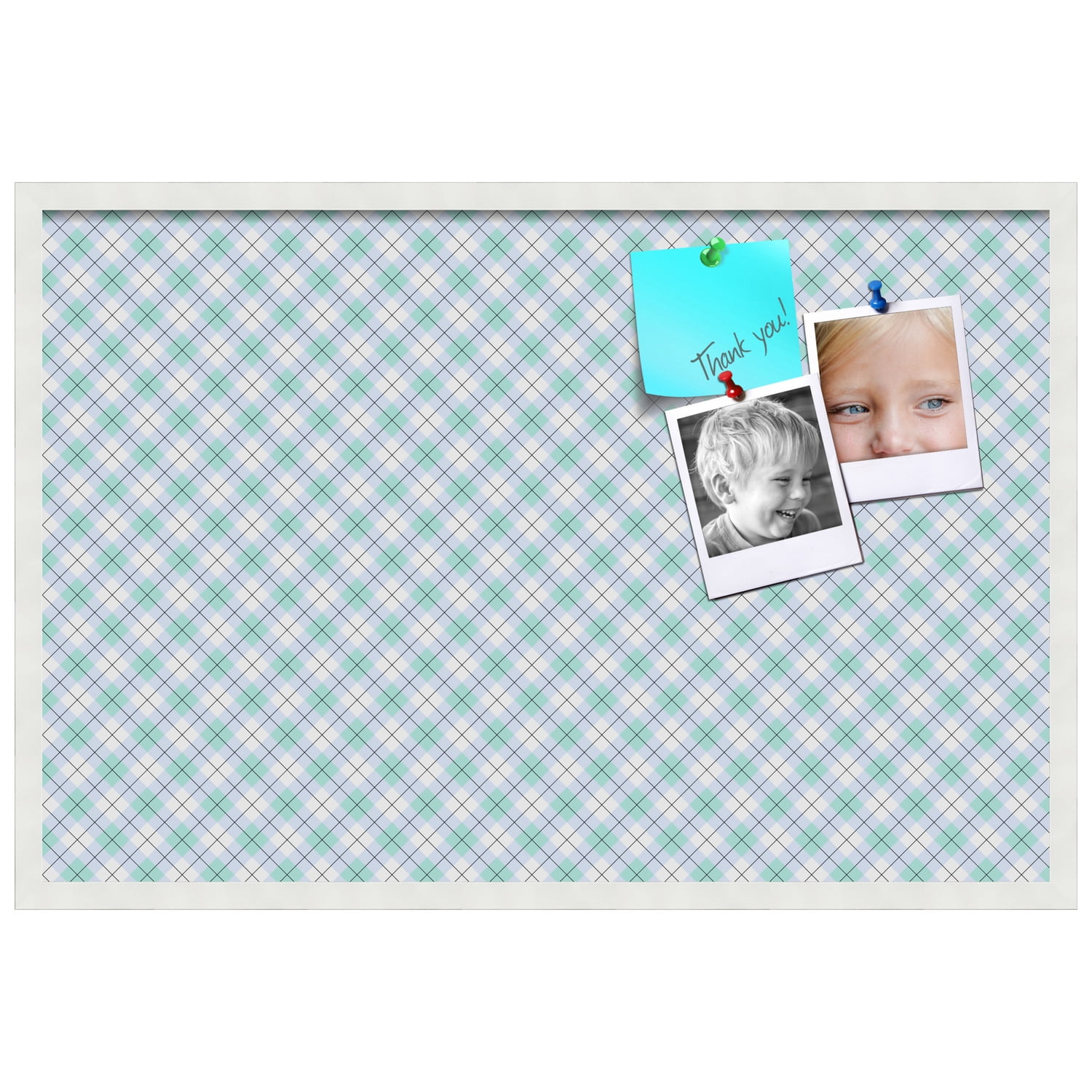 PinPix ArtToFrames 34x22 Custom Cork Bulletin Board Argyle Purple - Green   Poster Board Has a Fabric Style Canvas Finish, Framed in Satin White Frame (PinPix-640)