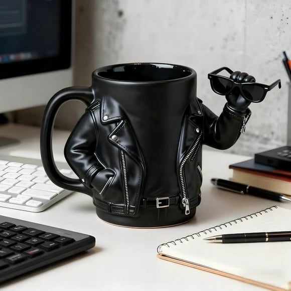 Biker Jacket Design Coffee Mug | Ceramic Mug with Cool Leather Jacket & Sunglasses Graphic | Unique Gift for Motorcycle Enthusiasts, Bikers, or Coffee Lovers | Hand Wash Only
