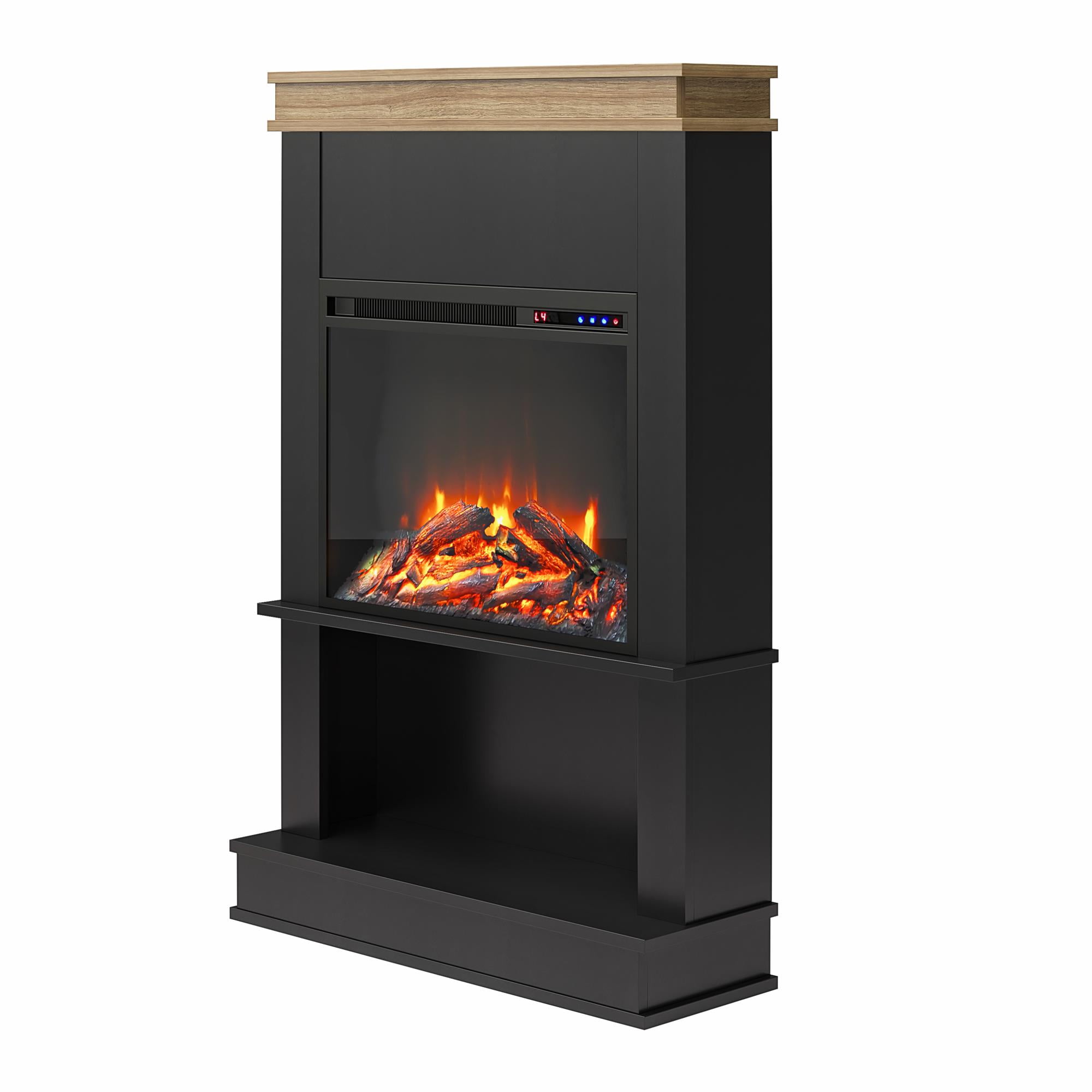 Ameriwood Home Mabrick Electric Fireplace with Mantel and Open Shelf, Black with Natural