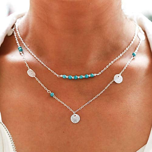 Tgirls Boho Bead Silver Handmade Layered Pendant Necklace Sequin with Turquoise Necklaces Women for Girls XL-21