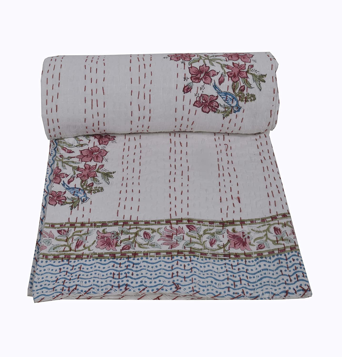 Twin Hand Block Print Cotton Kantha Quilt Indian Bedspread Handmade Bird Print 