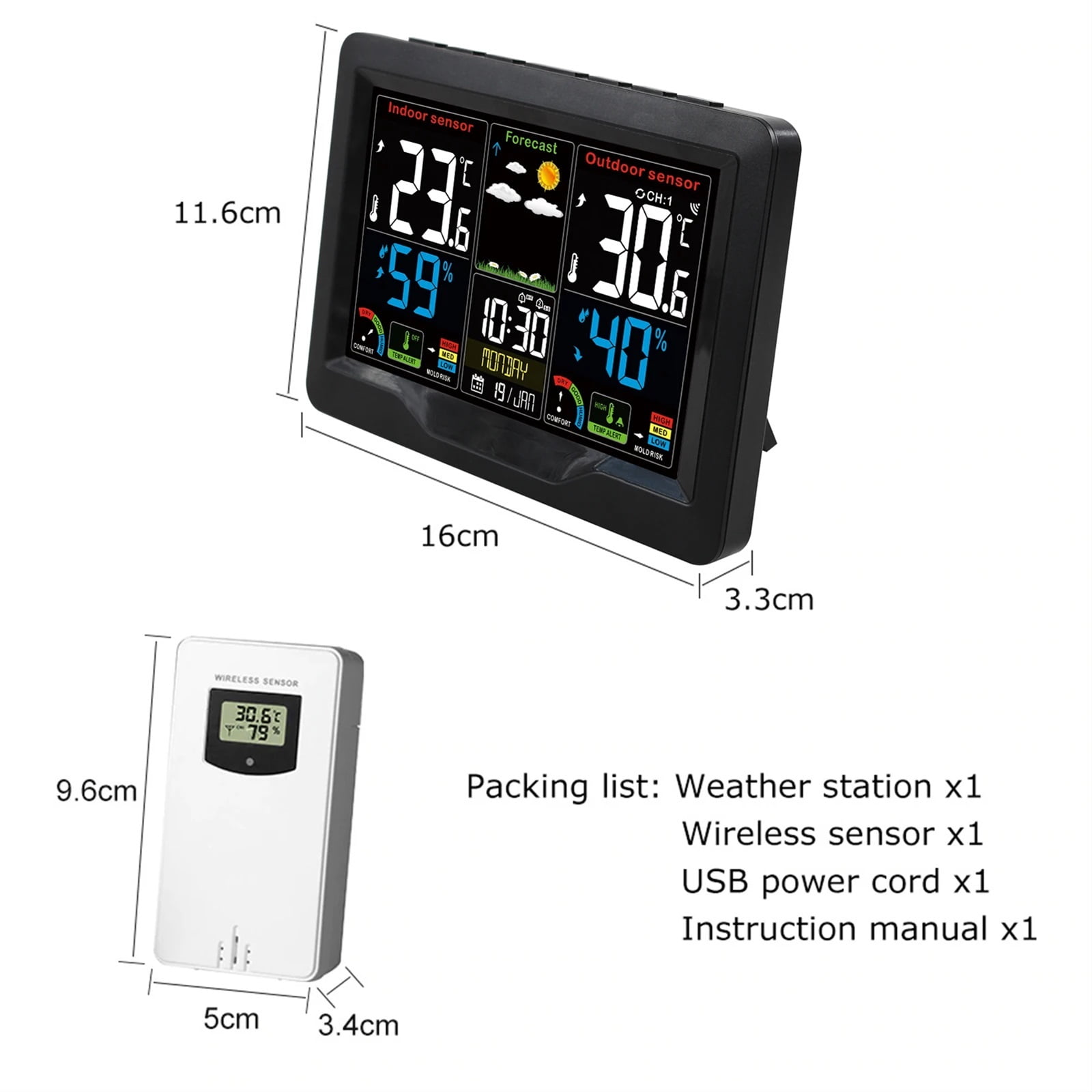 Digital Weather Station Clock Indoor Outdoor Temperature and Humidity Meter Weather Forecast Wireless Electronic Table Clock