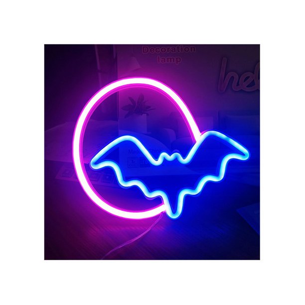 Luces de neón LED de luna y murciélago, letrero de luz de neón para pared USB / letrero de neón LED con batería para decoración de pared, dormitorio, regalo para niños, sala de estar,