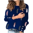 thumbnail image 1 of Suéter de punto de manga larga con cuello redondo y estampado de plumas de moda informal para mujer Pompotops gfhjh10189, 1 of 6