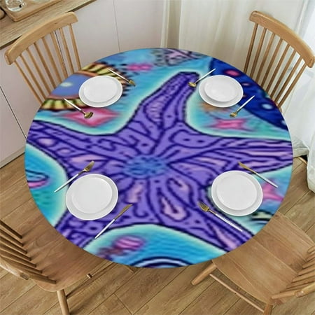 

Marine Nautical Violet Pink Blue Round Fitted Tablecloth Elastic Edge Waterproof Oil-Proof Table Cover Stain-Resistant