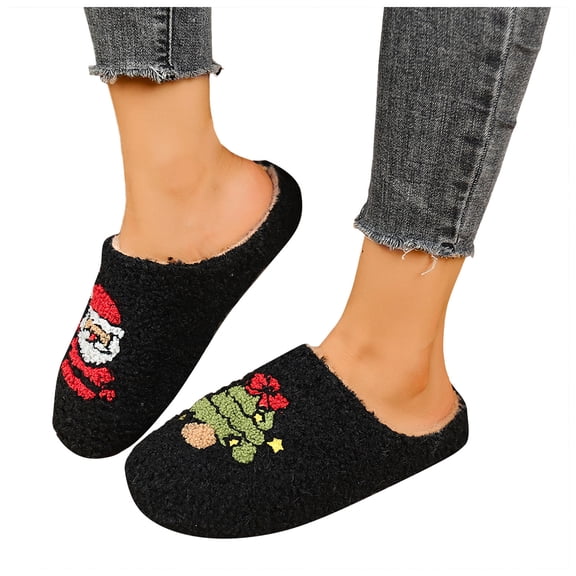 Christmas Fuzzy Slippers for Women Cute Santa Xmas Tree Print Funny Matching House Slipper Memory Foam Slip on Winter Shoes Black 6