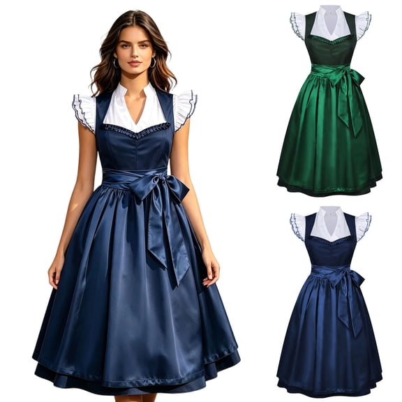 RoamHome Women's 2 Piece Oktoberfest Dirndl Dress German Bavarian Ruffle Sleeve V Neck Summer Dress