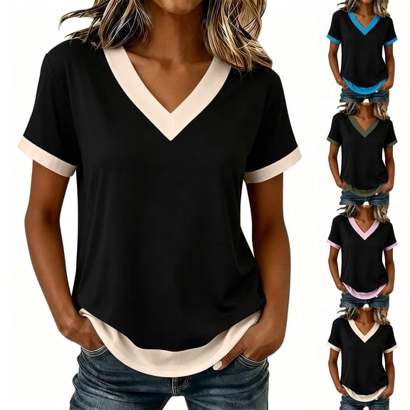 ClodeEU Women's V-Neck Color Block Short Sleeve T-Shirt,Casual Loose Fit Top Army Green,Women's Plus L