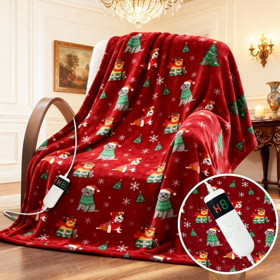 Heated Throw Blanket, Plaid Electric Blanket with 10 Heat Settings, 8-Hour Auto Shut-Off, Overheat Protection, Soft Faux Fur and Sherpa, Machine Washable, Christmas Dog, 62" x 84"
