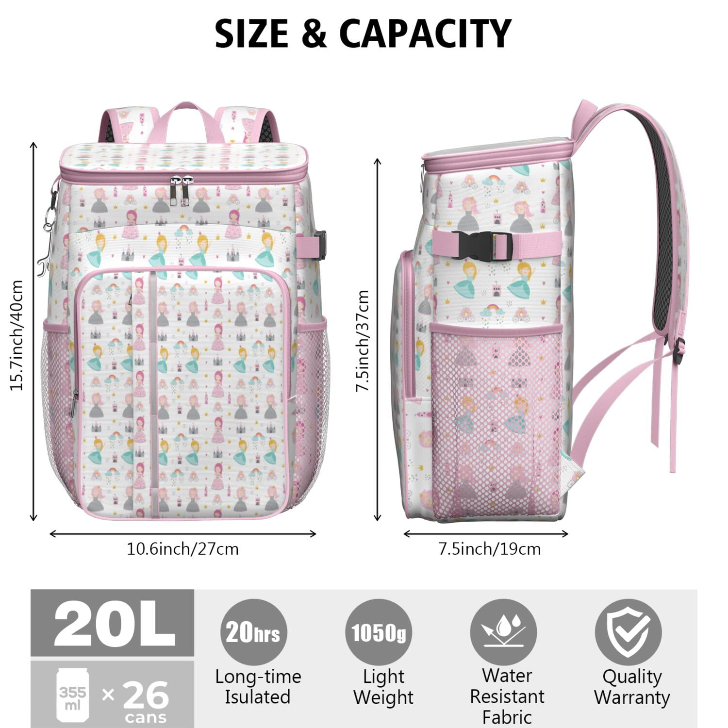 Travel Cooler Bag - White Princess Castle Pattern Camping Beer Cooler Backpack with Bottle Opener- Waterproof Insulated Picnic Backpacks - Cooler Bag for Beach