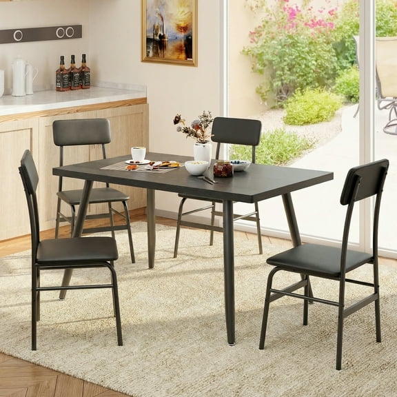 5-Piece Dining Table Set for 4 with PU Leather Chairs, Modern Kitchen Table and 4 Chair Set for Breakfast Nook, Apartment, Small Space, Black