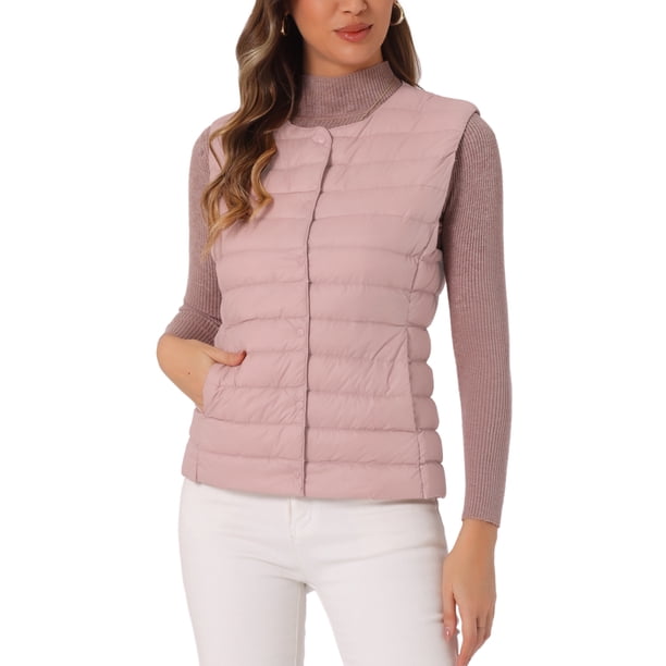 Chaleco acolchado sin mangas ligero de INSPIRE CHIC para mujer, con botones, cuello redondo, color rosa claro, talla XL