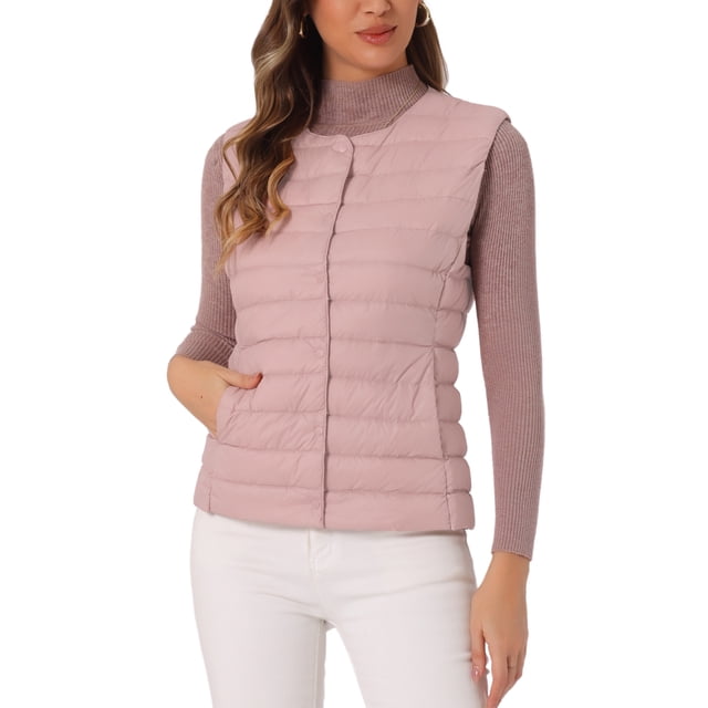 Chaleco acolchado sin mangas ligero de INSPIRE CHIC para mujer, con botones, cuello redondo, color rosa claro, talla XL