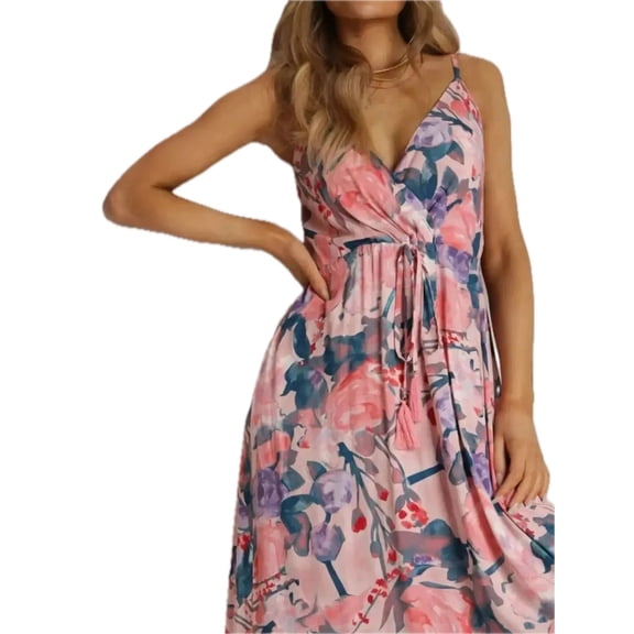 Women's Floral Print Surplice Spaghetti Strap Maxi Dress 100% Polyester Lightweight Flowing Summer Everyday Elegant