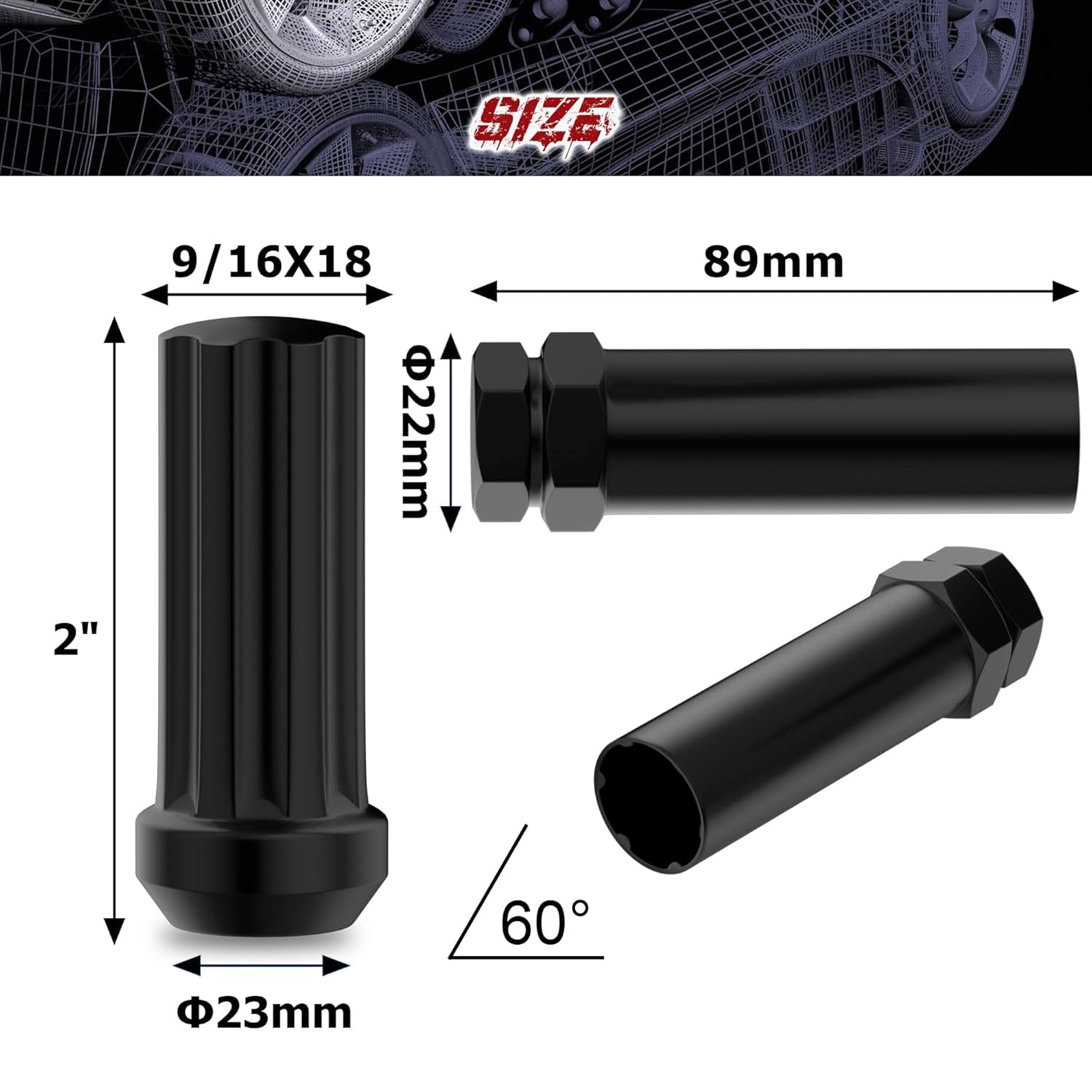 32PCS 9/16-18 Lug Nuts for 1994-2010 Ram 2500 3500, 2002-2010 Ram 1500, 1988-1998 F250 F350, Closed End Long Extended 7 Spline Black Lug Nuts 9/16x18 with Socket Key for 8 Lug Aftermarket Wheels