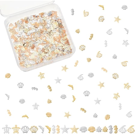 900 Pcs 18 Styles Ocean Theme Resin Fillers Dolphin Turtle Brass Nail Art Charms Starfish Shell Resin Filler for Nail Art Resin Crafting Jewelry Making - Gold/Silver with Rose Gold Back
