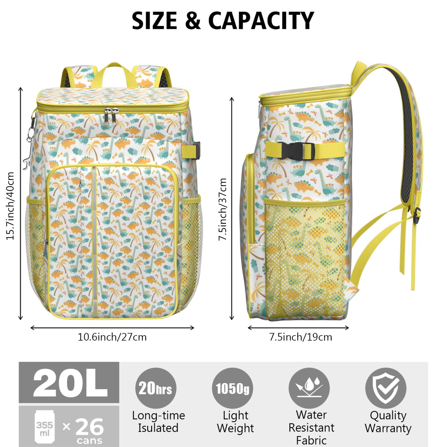Travel Cooler Bag - White Cartoon Dinosaurs Palm Trees Pattern Camping Beer Cooler Backpack with Bottle Opener- Waterproof Insulated Picnic Backpacks - Cooler Bag for Beach