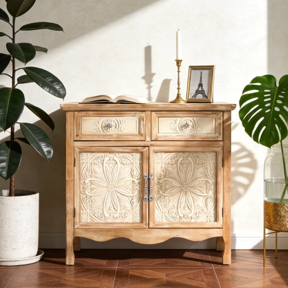 Heynemo Storage Cabinet with Drawers and Doors, Kitchen Buffet Sideboard, Wood Entryway Accent Console Cabinet for Hallway, Dining Room, Living Room, Natural
