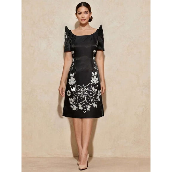Black Floral Print Butterfly Sleeve Filipiniana Midi Dress, Elegant Occasion Wear
