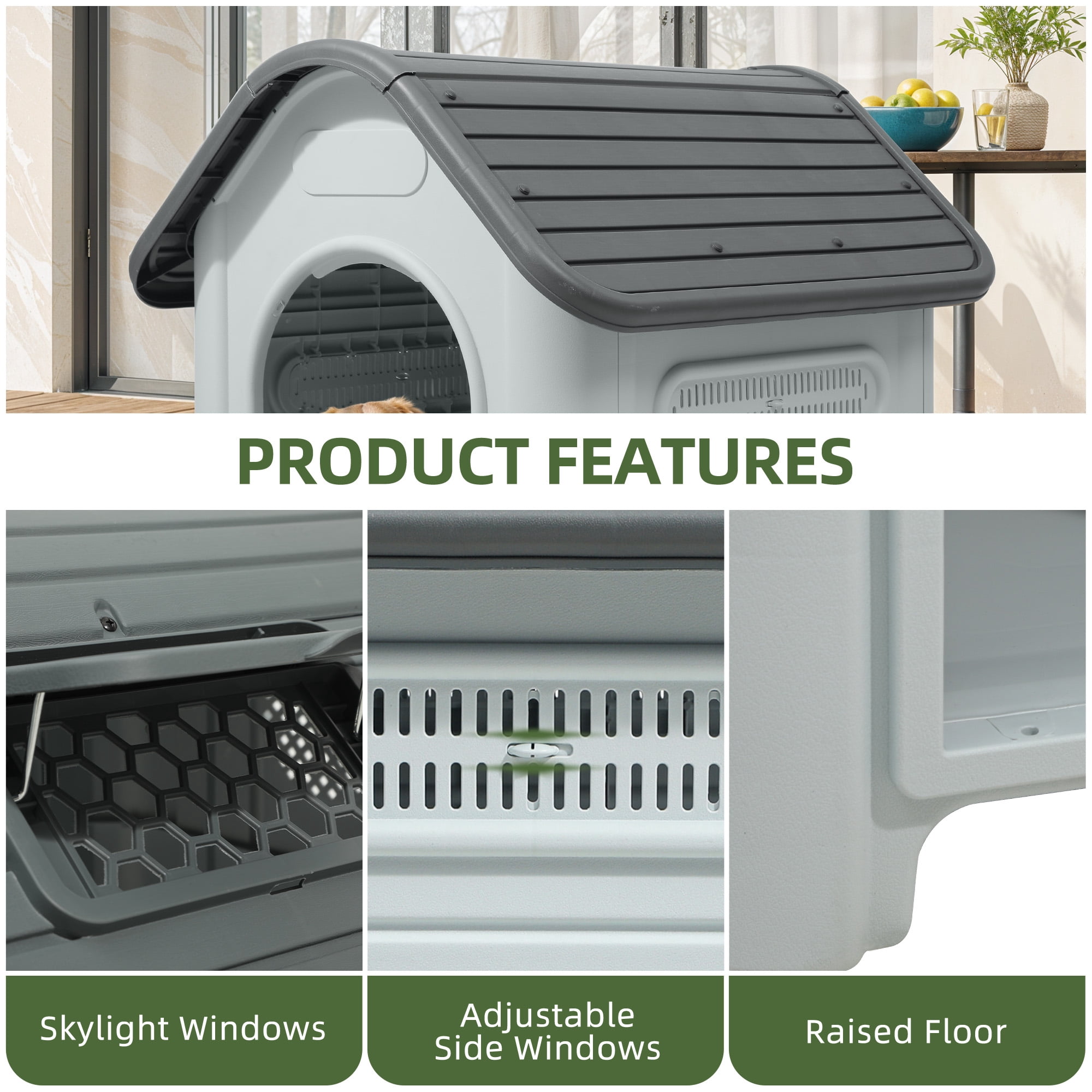 Uforic Extra-Large Waterproof Plastic Dog House with Adjustable Skylight and Elevated Floor, Outdoor Indoor Doghouse Puppy Shelter,Gray,39.4''Lx 33.5''Wx 37.8''H