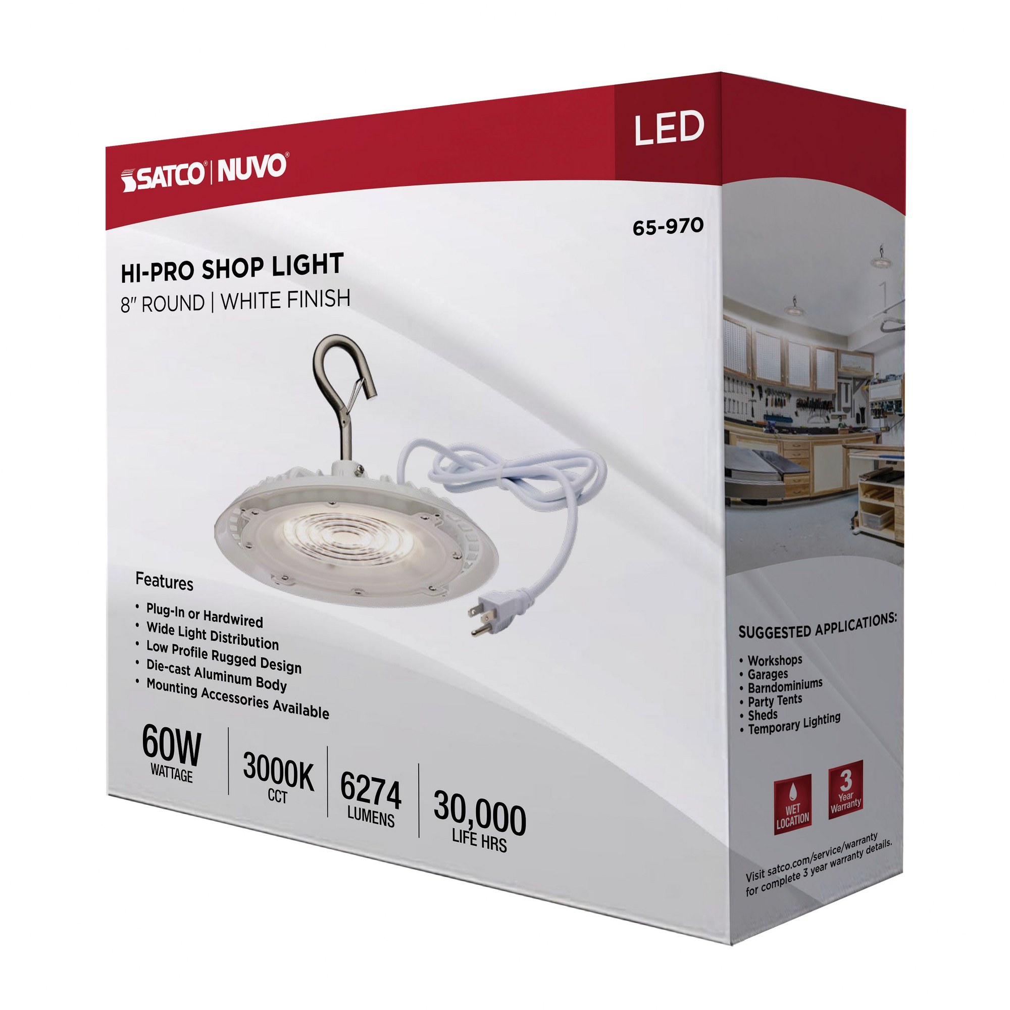 Nuvo Lighting 60 Watt Hi-Pro Shop Light with Plug 8" Dia. 3000K White Finish 120 Volt