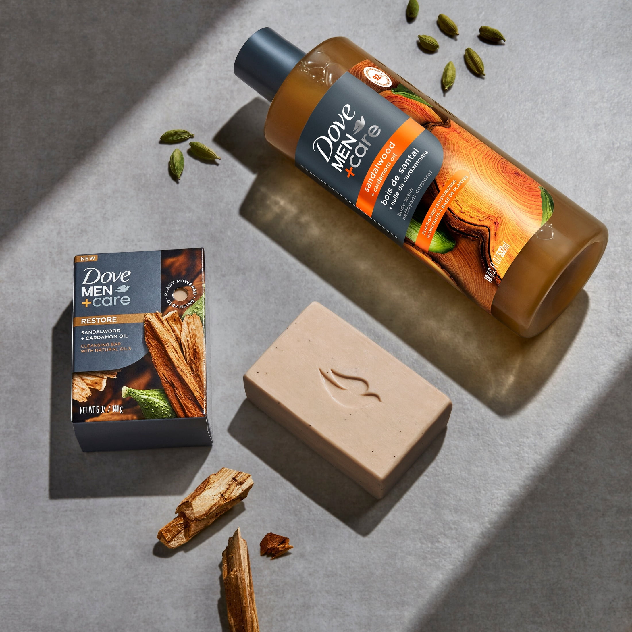 (4 pack) Dove Men+Care Body Wash to Rebuild Skin in the Shower Sandalwood + Cardamom Oil with Plant-Based Cleansers and Moisturizers, 26 oz