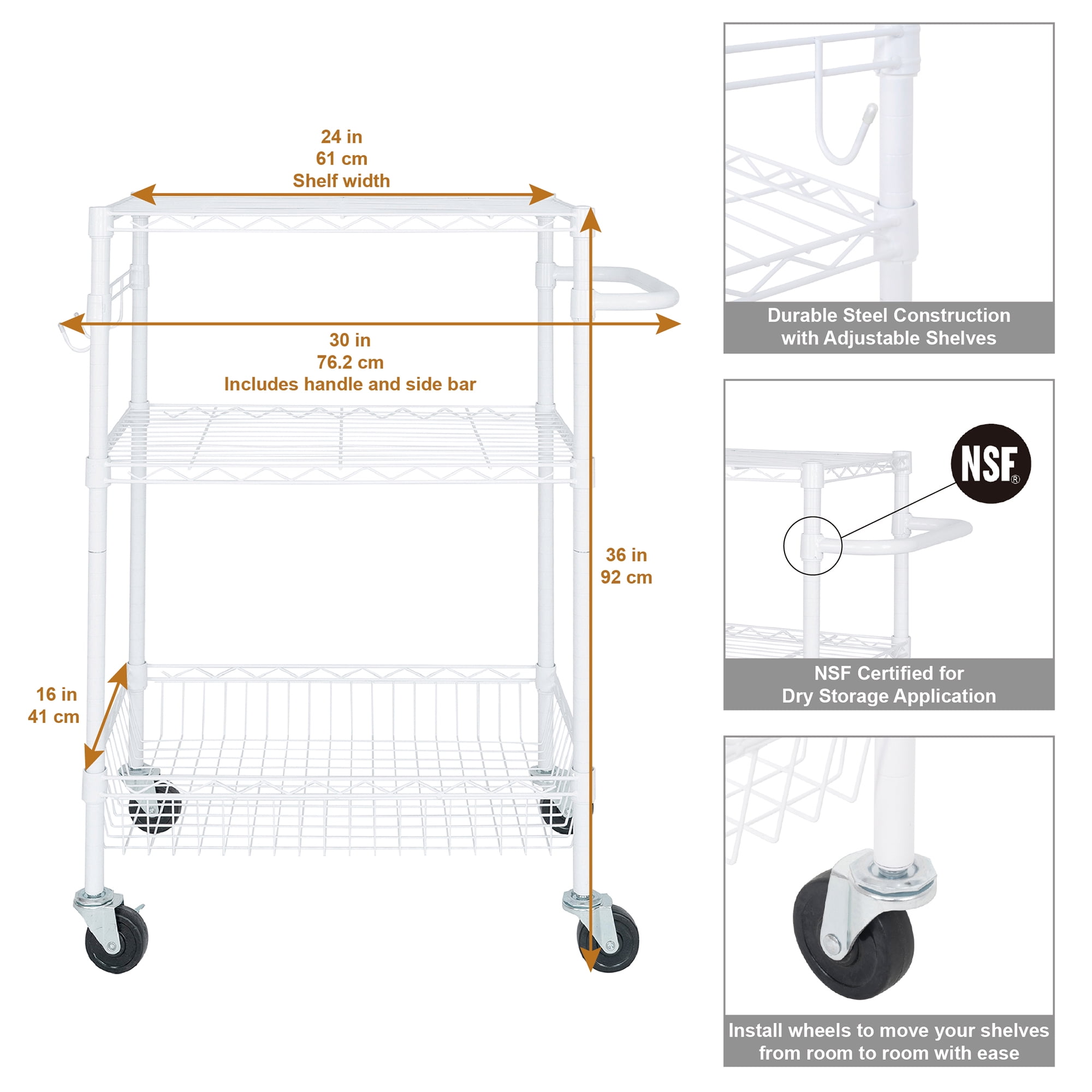 Hyper Tough 3-Tier Rolling Utility Cart, White, 495 lb Load Capacity