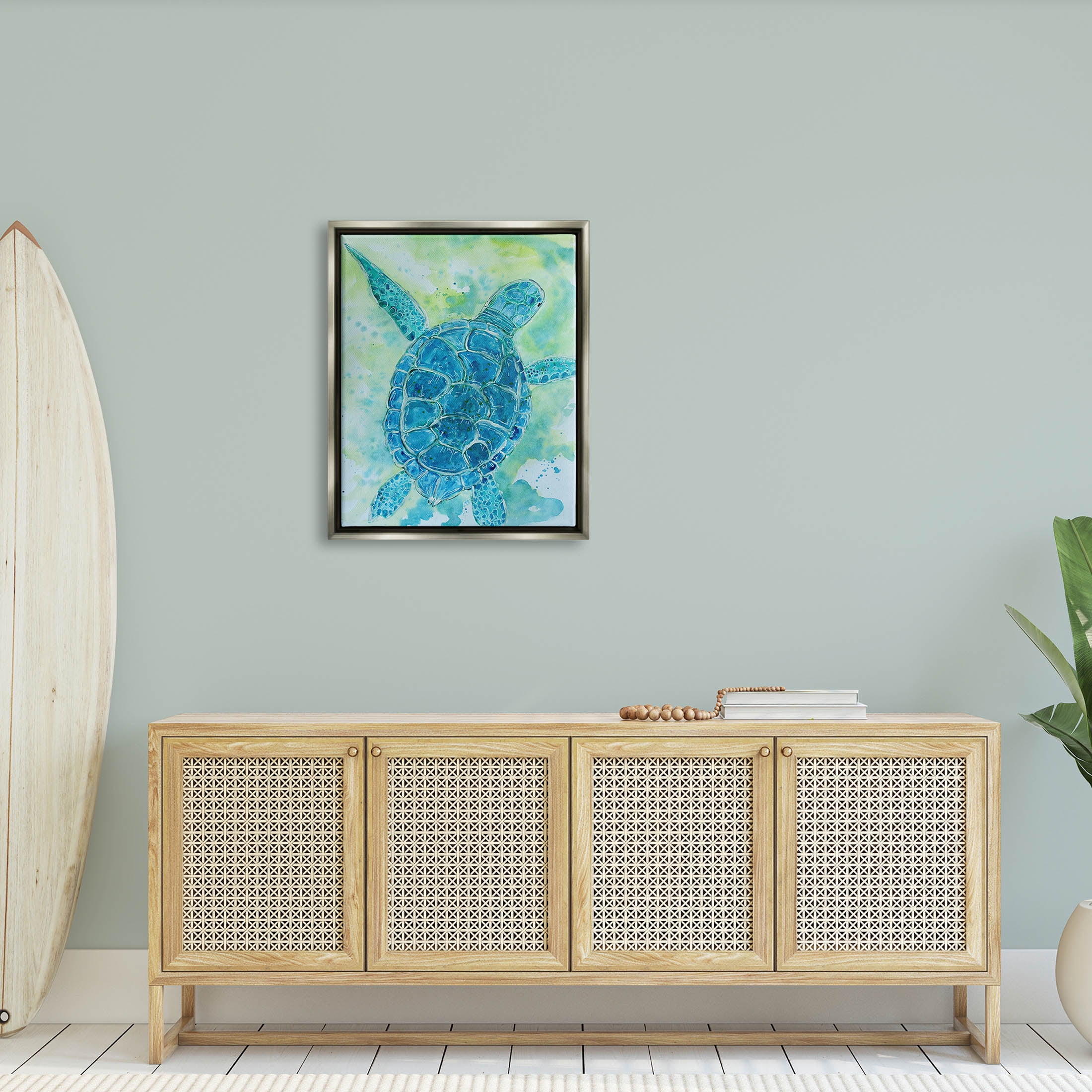 Blue Sea Turtle Aquatic Bubbles Animals & Insects Painting Luster Gray Framed Art Print Wall Art