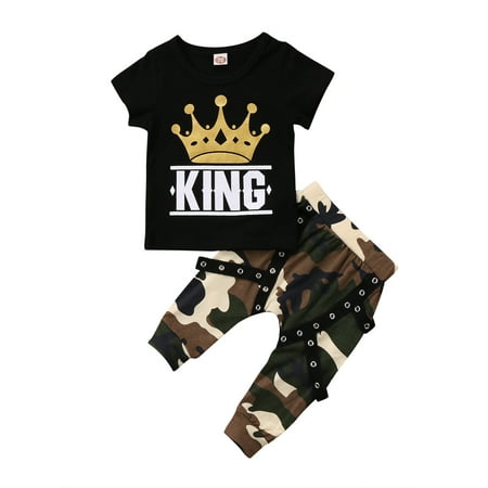 

Toddler Kids Baby Boys Girls Shorts Set King Letter Shirt Tops+Camouflage Pants Chain Trousers Summer Outfit Clothes Set