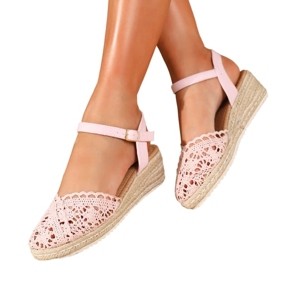 Domuza Closed Toe Wedges Heels for Women Dressy Platform Wedge Sandals Ankle Strap Heeled Espadrilles Sandals Ladies Comfortable Cork Summer Dress Shoes Pink 7(EU-38)