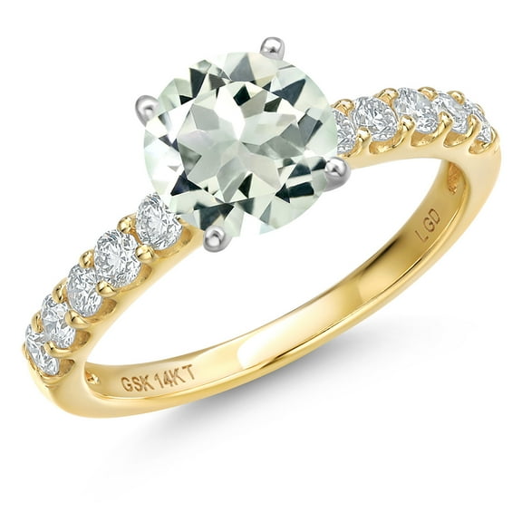 Gem Stone King 14K Two Tone Gold Green Prasiolite and Lab Grown Diamond Engagement Ring for Women | 1.18 Cttw | Round 6MM | Gemstone Birthstone | Size 9