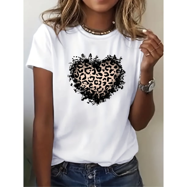 Camiseta de manga corta para mujer, estilo casual, cuello redondo, estampado de corazones con lunares a la moda, ideal para primavera y verano