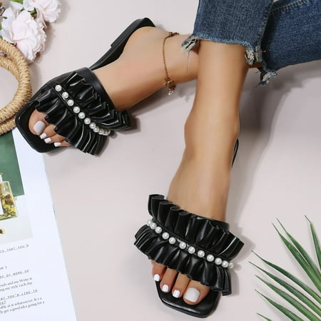 

eczipvz Women Shoes Women s Rivet Rhinestone Pearl Flat Sandals Slip on Memory Foam Sandals Open Toe Slide Sandals
