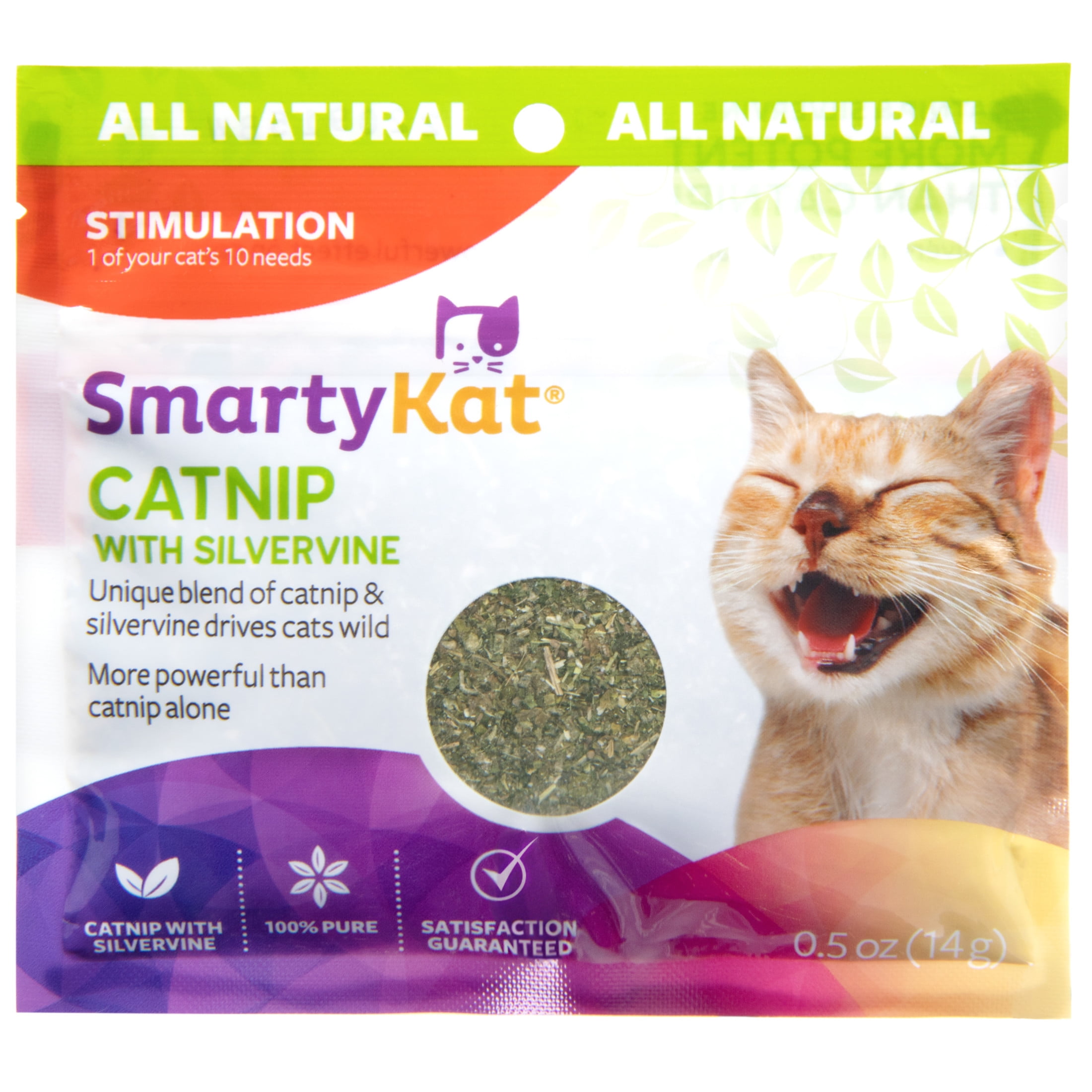 (4 pack) SmartyKat Catnip with Silvervine, Pure & Potent Blend for Cats, Resealable Pouch, 0.5 oz