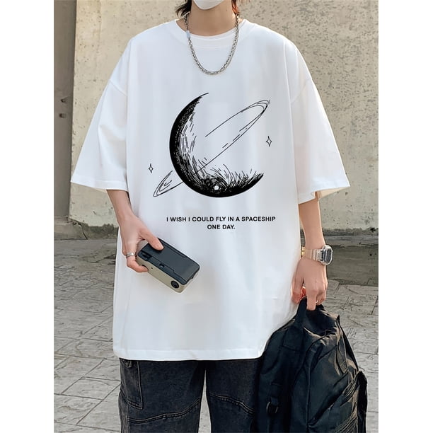 Men's Space-Themed Graphic T-Shirt - 100% Cotton, Soft & Stretchy, Loose Fit Crew Neck Tee with Moon & Stars Print, Ideal for Summer Casual Wear - Short Sleeve, Machine Washable, PRIVATHINKER