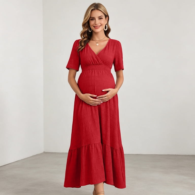 red summer maternity dress SHEIN Red Floral Maternity Dresses Clothes Comfortable Baby Shower Boho Ditsy Spaghetti Strap High Waist Flared Hem Slim Fit Elegant Summer,S