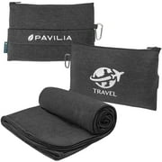 PAVILIA Soft Compact Travel Blanket and Pillow, Foldable Airplane Blanket in Bag, Lightweight Portable Flight Blanket Set with Luggage Strap, Camping Plane Car Home Office Gift Accessories, Black