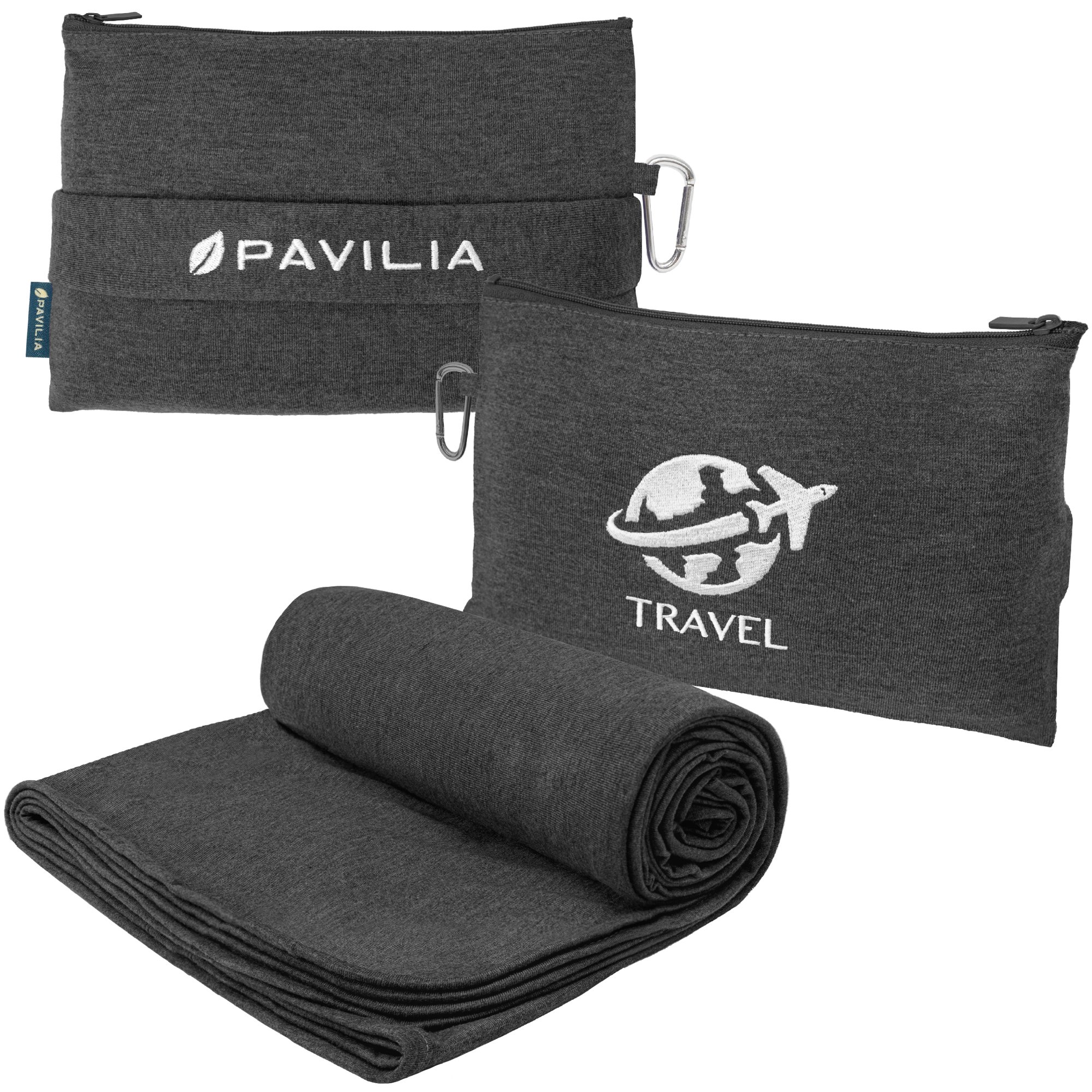 PAVILIA Soft Compact Travel Blanket and Pillow, Foldable Airplane Blanket in Bag, Lightweight Portable Flight Blanket Set with Luggage Strap, Camping Plane Car Home Office Gift Accessories, Black