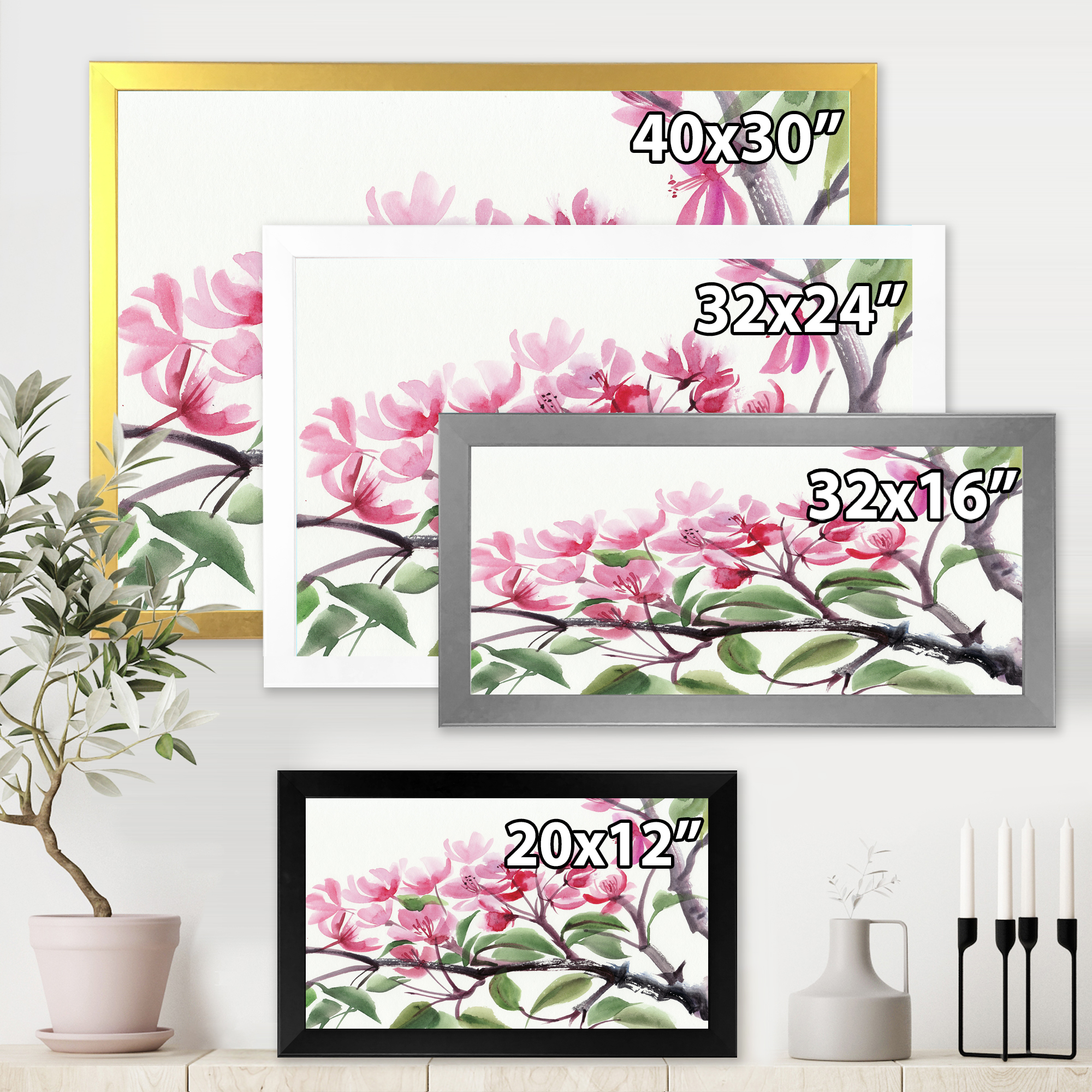 Designart 'Pink Blossoming Floral Tree' Traditional Framed Art Print