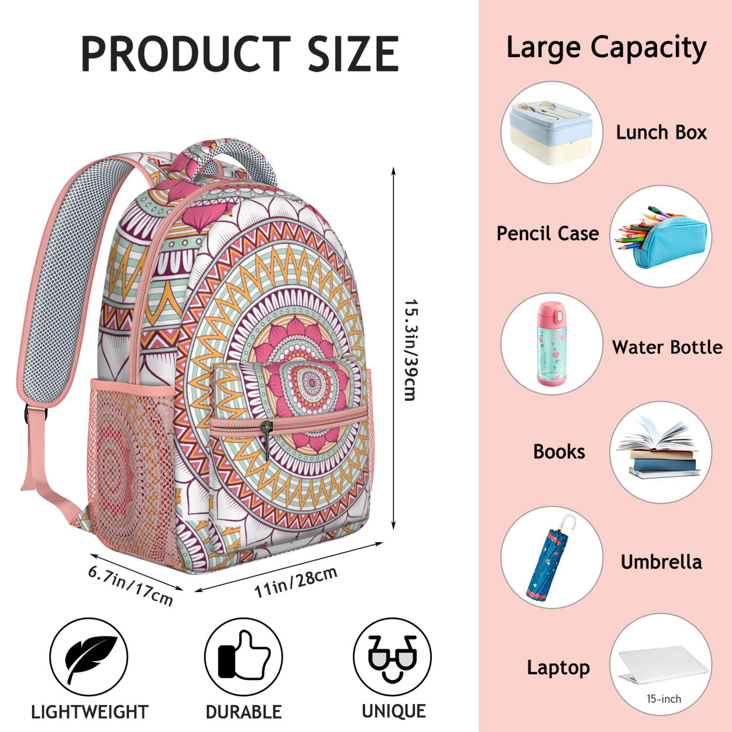 Symmetrical Ethnic Mandala Student Backpack - Breathable Ergonomic School Bag for Commuters