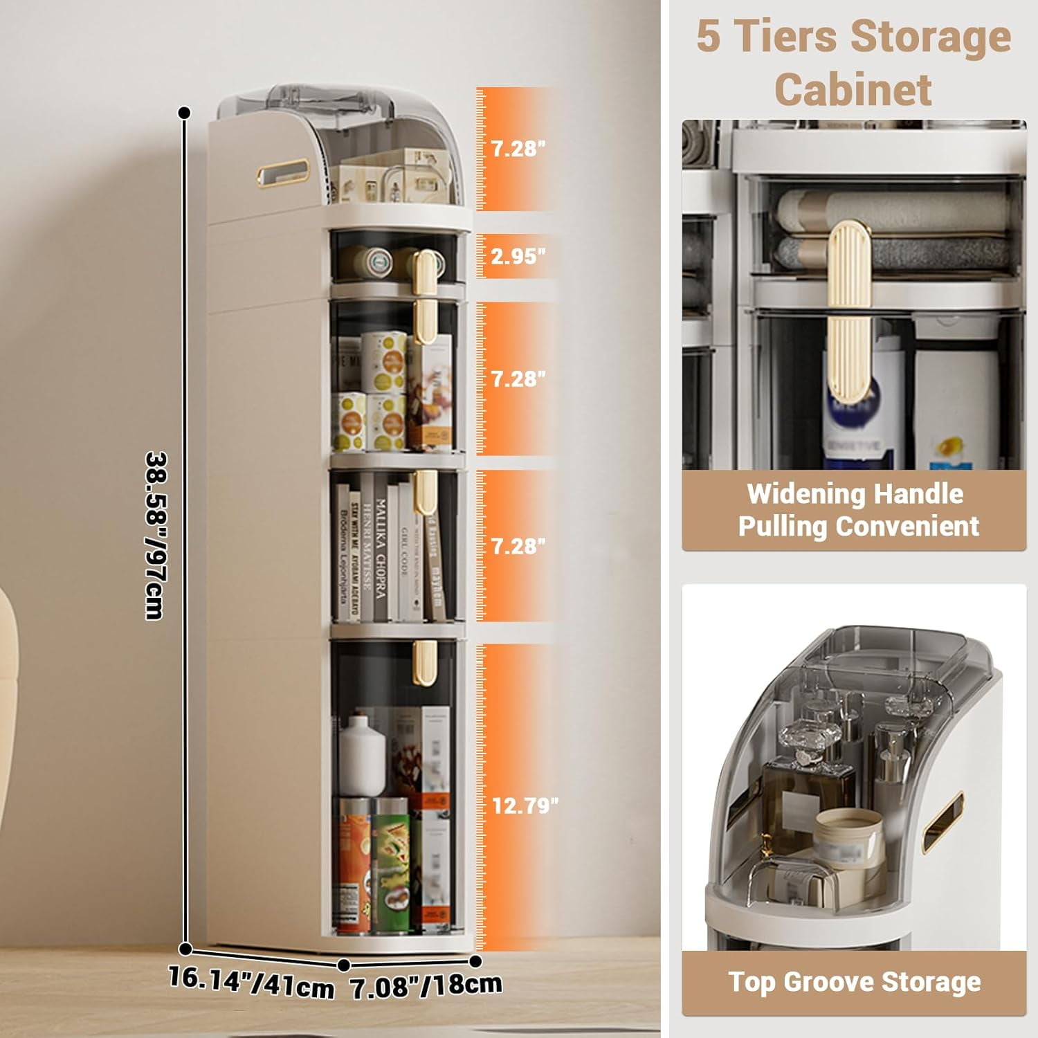 4-Tier Slim Waterproof Bathroom Storage Cabinet with Adjustable Shelves, Clear Plastic Drawers, Mobile Floor-Mount Organizer with Wheels for Kitchen, Bedroom, Laundry Room