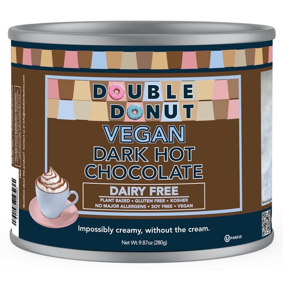 Double Donut Vegan Dark Hot Chocolate Mix, 12 oz Canister, Dairy-Free, Gluten-Free, Rich & Creamy Instant Cocoa
