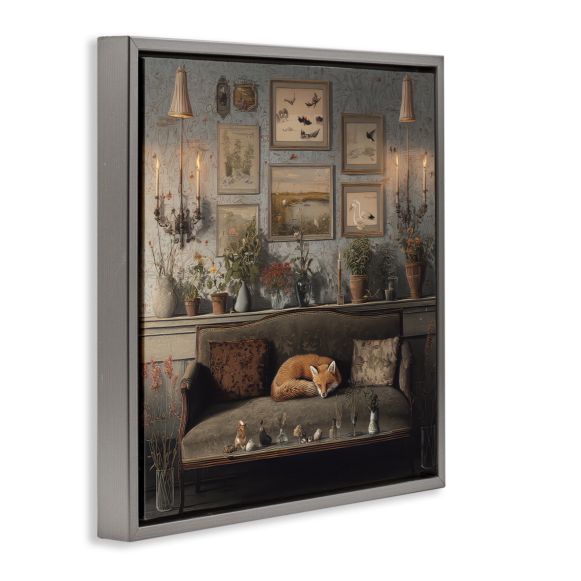 Stupell Industries Fox on Antique Sofa Gray Framed Floater Canvas Wall Art, design by The Wands Want