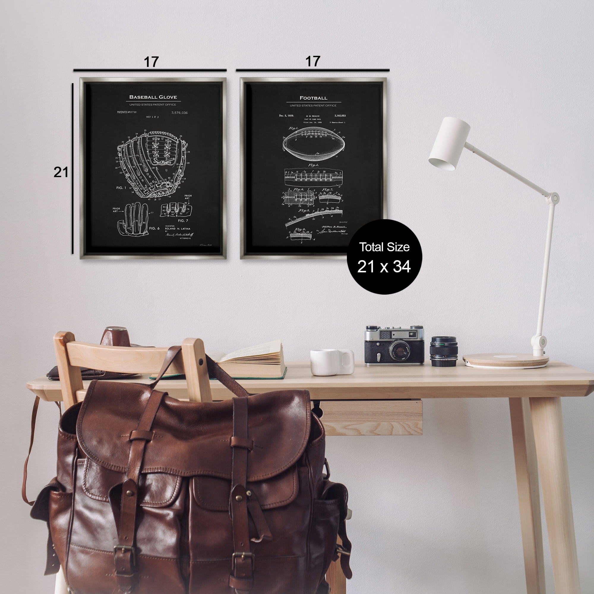 Stupell Industries Football Baseball Glove Patent Education Painting Gray Floater Framed Canvas Art Print Wall Art, 17 x 21, Set of 2